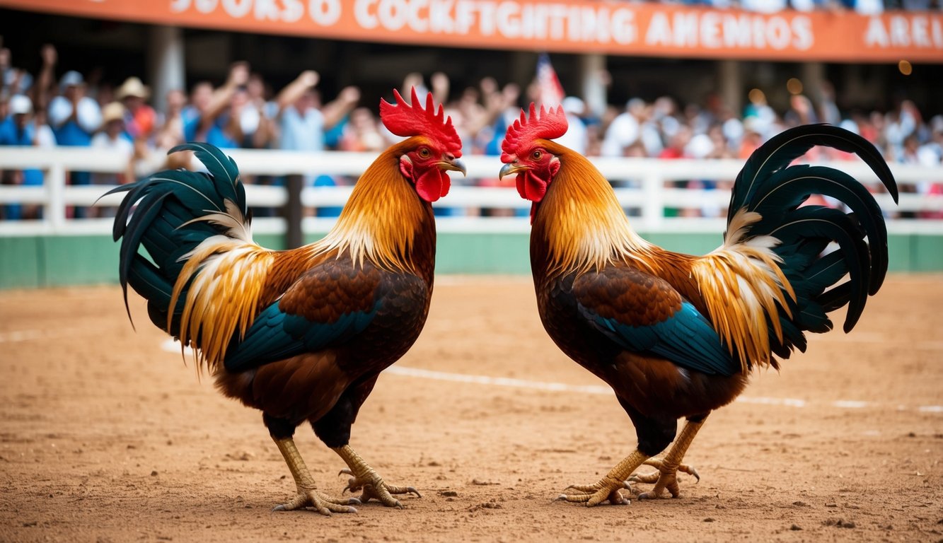 Sebuah arena sabung ayam yang meriah dengan penonton yang bersorak dan dua ayam jantan yang garang terlibat dalam pertarungan