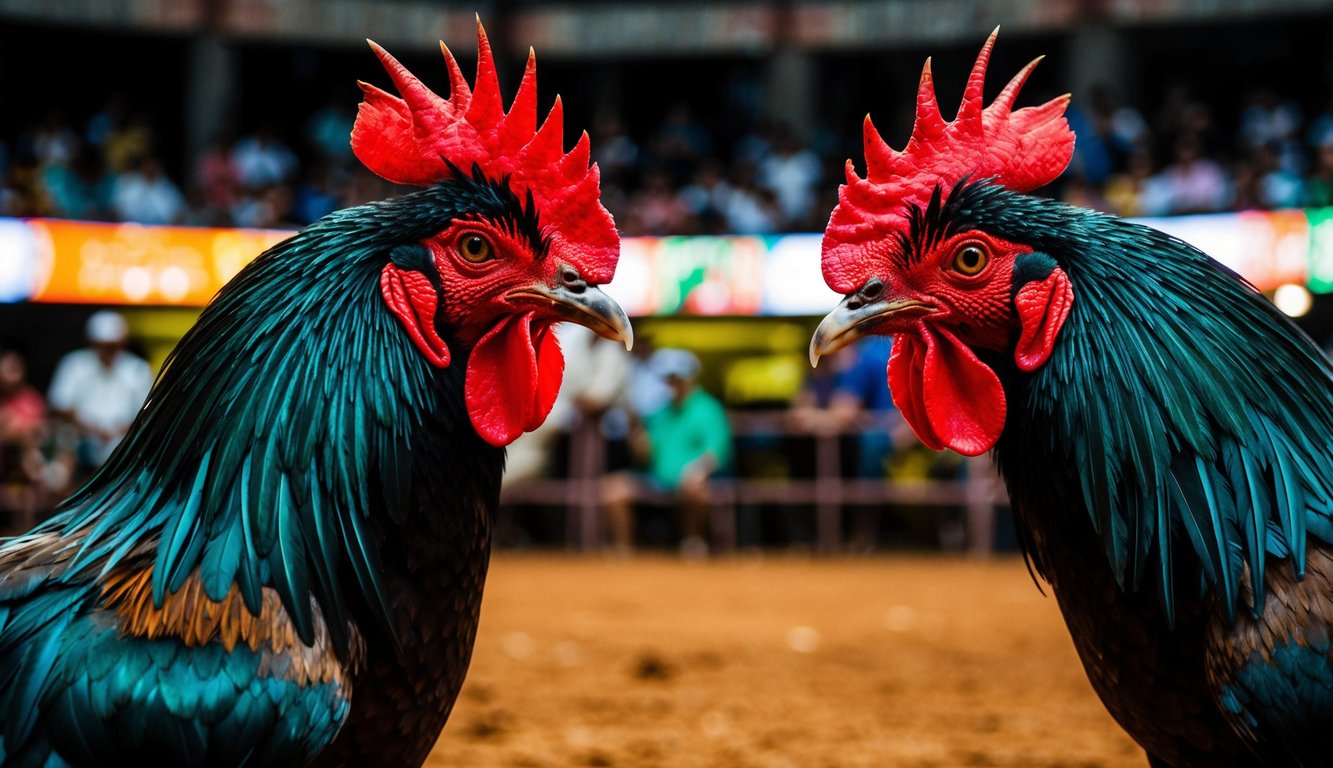 Dua ayam jantan berhadapan di arena yang ramai, bulu-bulu mereka tersibak dan paruh terbuka saat mereka bersiap untuk terlibat dalam pertandingan sabung ayam secara langsung.