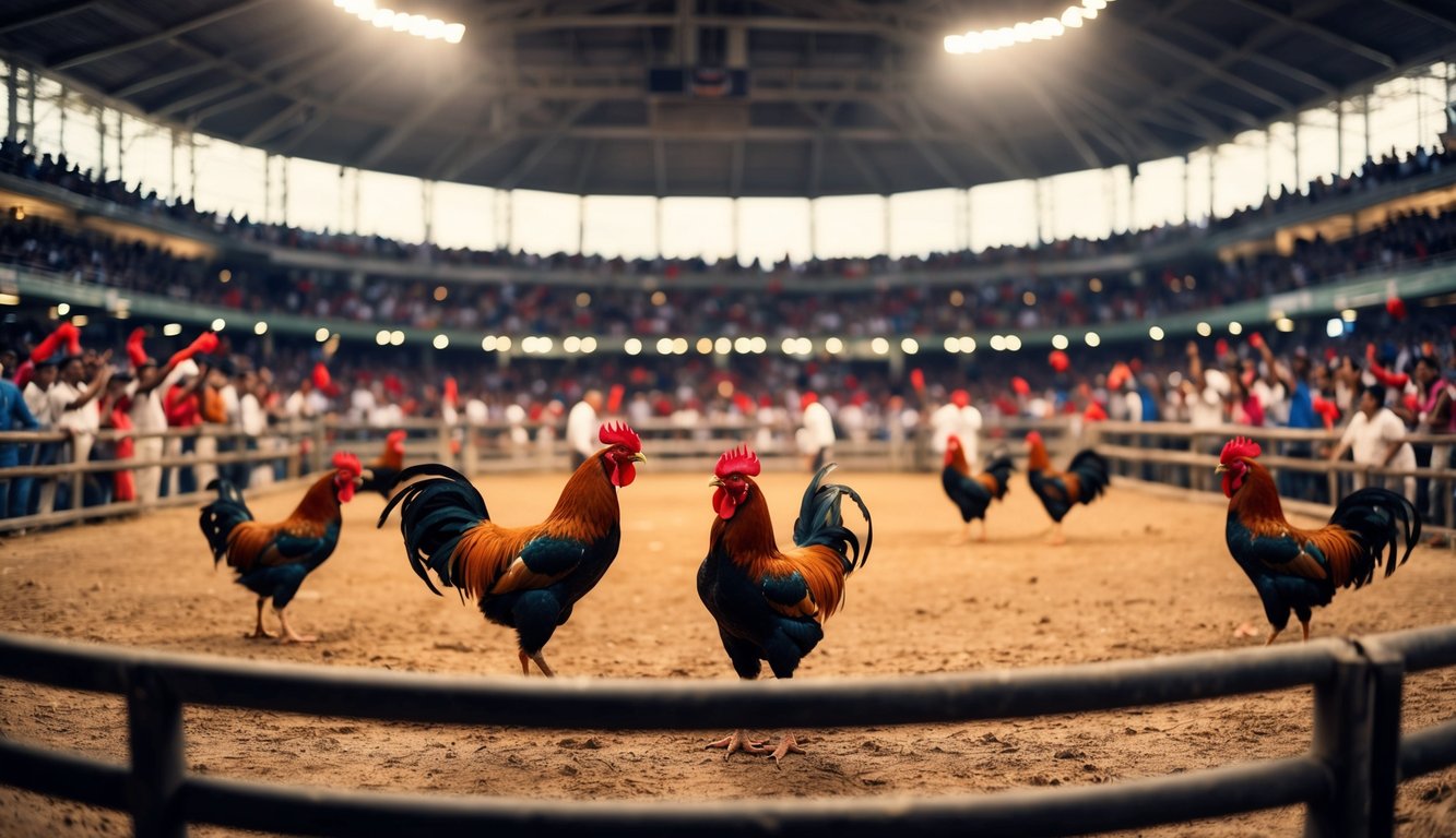 Sebuah arena sabung ayam resmi yang ramai dengan penonton yang bersorak dan ayam jantan berwarna-warni di ring