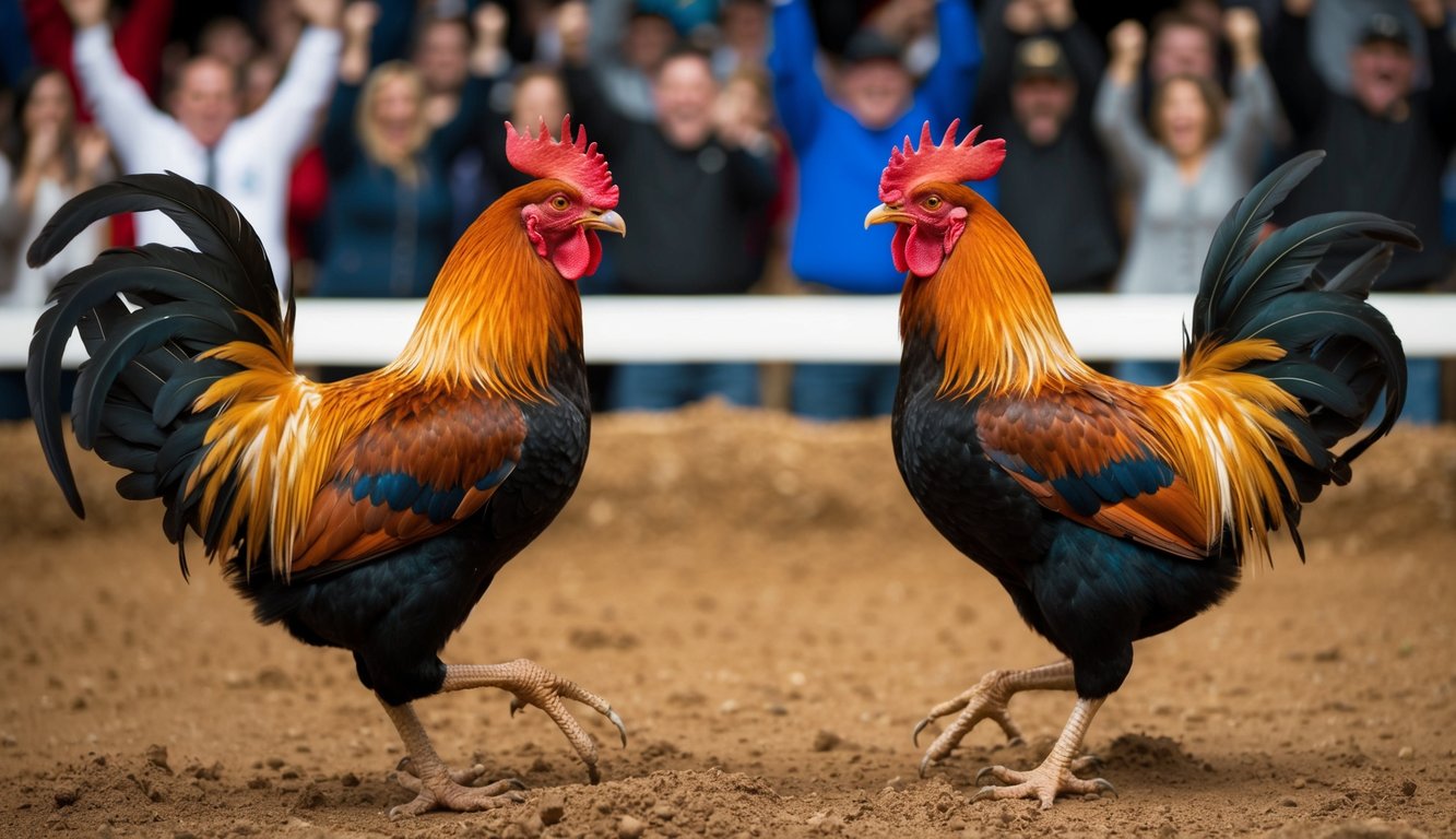 Dua ayam jantan saling berhadapan di dalam lubang tanah, bulu-bulu mengembang, paruh terbuka, dan cakar siap untuk bertarung. Kerumunan bersorak di latar belakang.