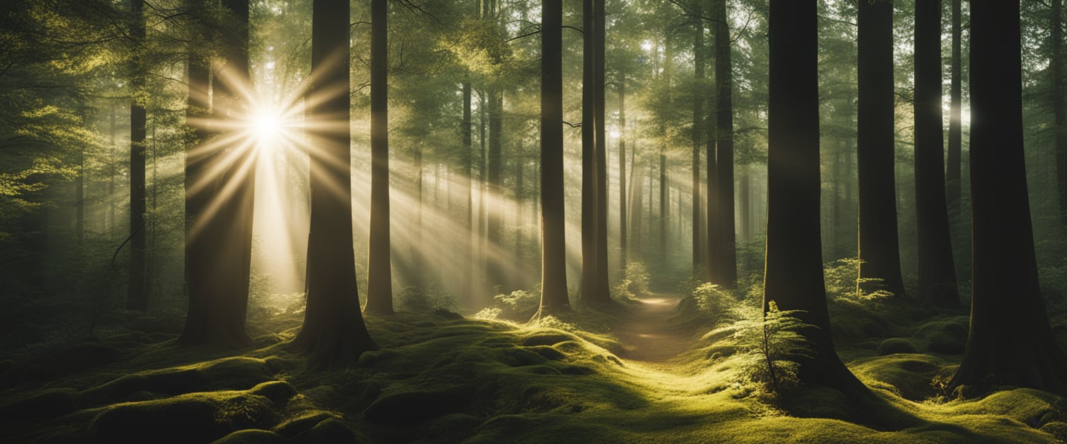 A serene forest with sunlight breaking through the trees, illuminating a path leading to a glowing, ethereal portal