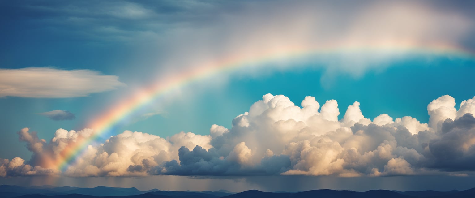 A serene landscape with a clear blue sky, fluffy white clouds, and a vibrant rainbow forming in the distance