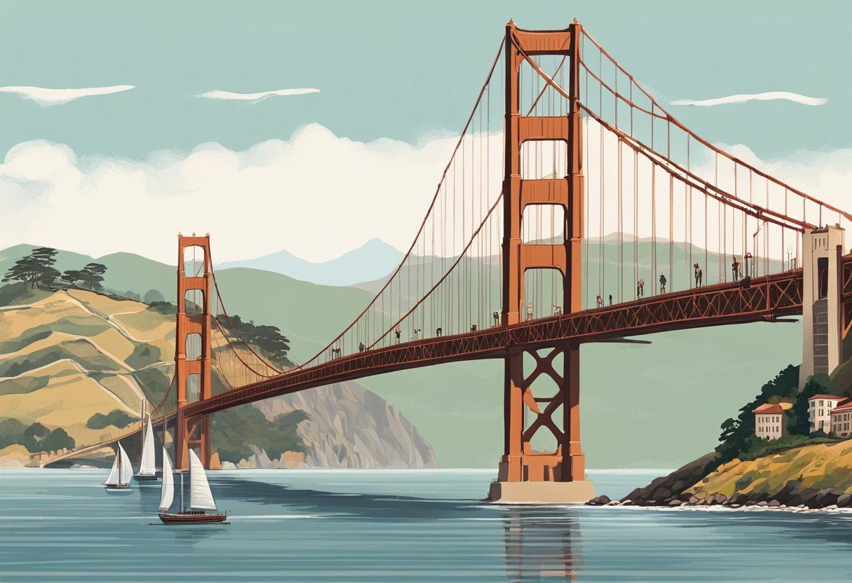 The Golden Gate Bridge spans the bay, with Alcatraz Island in the distance. Cable cars climb steep hills past Victorian houses