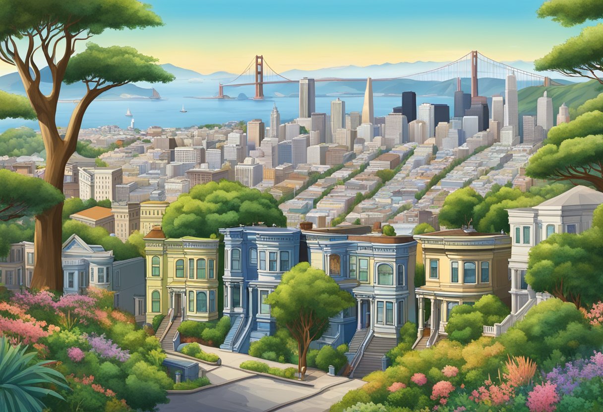 A panoramic view of San Francisco's historic sites, including iconic landmarks and architectural gems, surrounded by lush greenery and bustling city life