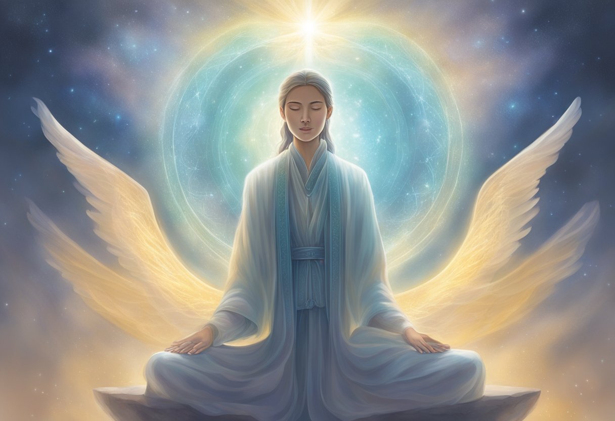 A serene figure surrounded by ethereal light, receiving messages from otherworldly beings