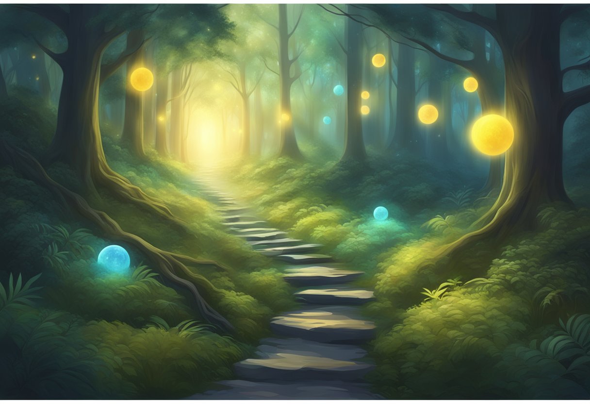 A serene, ethereal landscape with glowing orbs of light streaming from a distant, otherworldly source, illuminating a pathway through a mystical forest