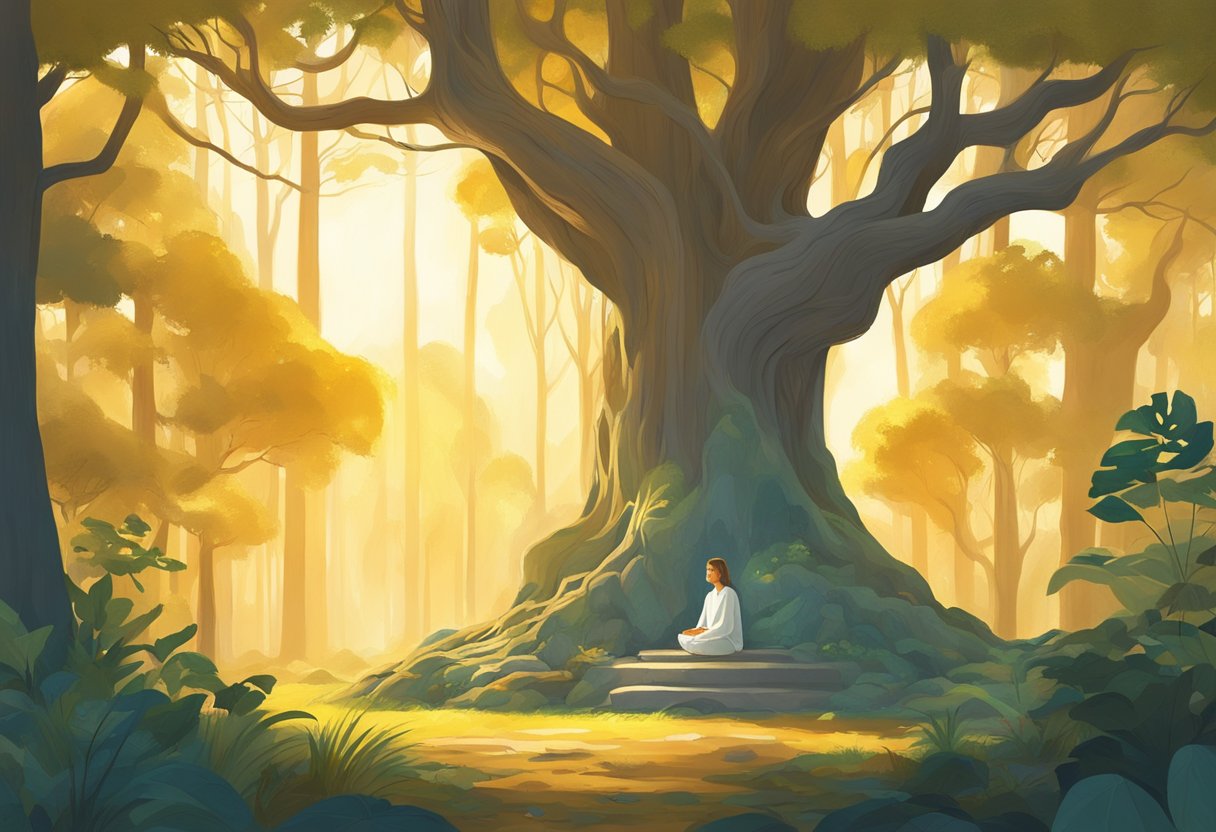 A serene forest clearing, bathed in golden sunlight, with a figure sitting cross-legged, surrounded by ethereal beings and receiving their guidance