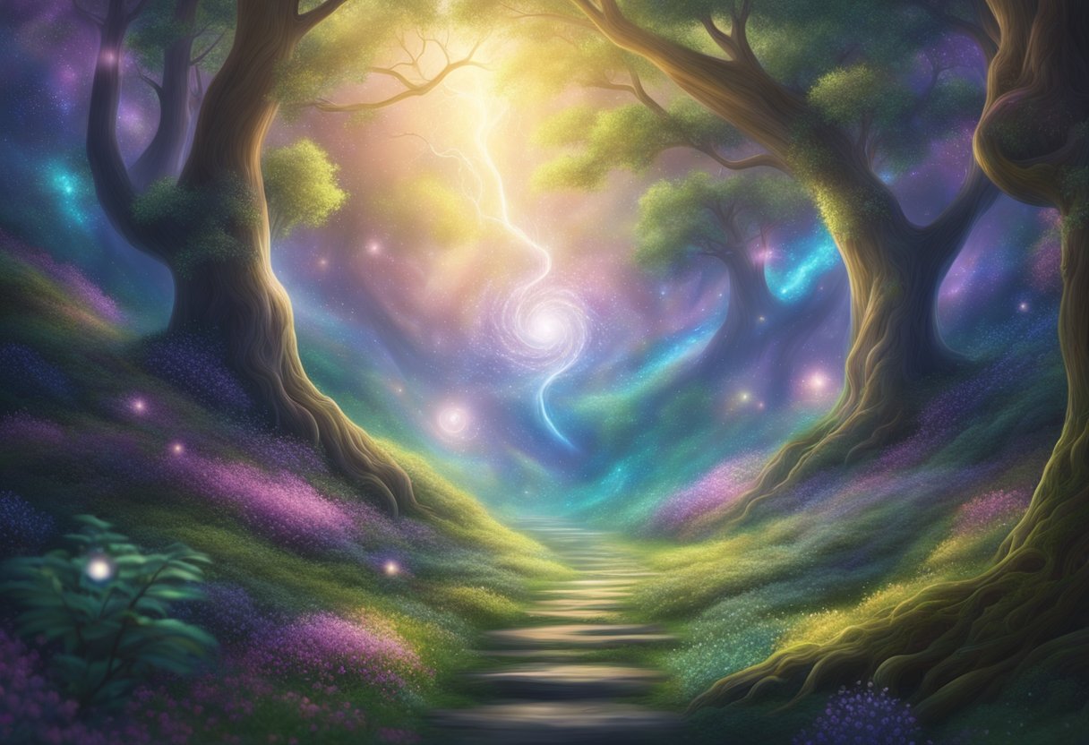 A swirling vortex of cosmic energy connects with ethereal beings in a mystical forest, as radiant light illuminates the path to higher dimensions