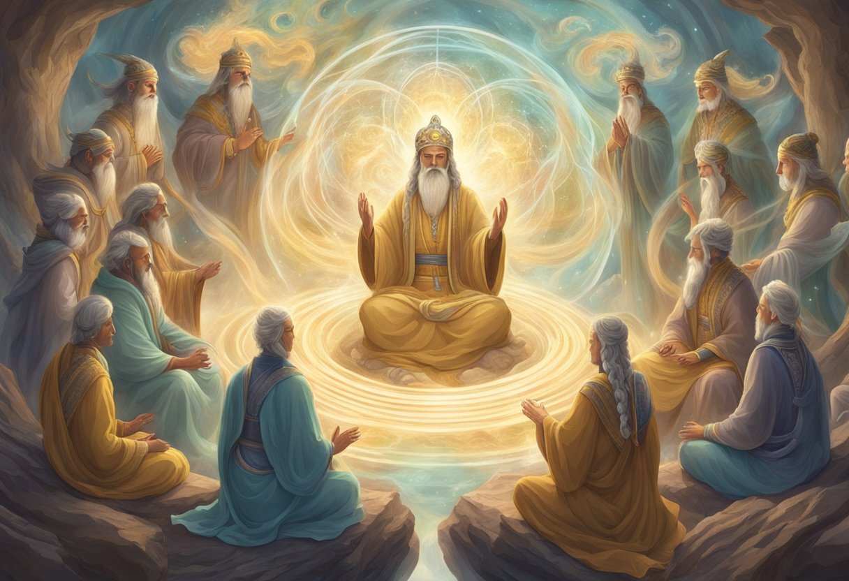 A group of ethereal beings surrounded by swirling energy, sharing ancient wisdom with attentive listeners from different realms