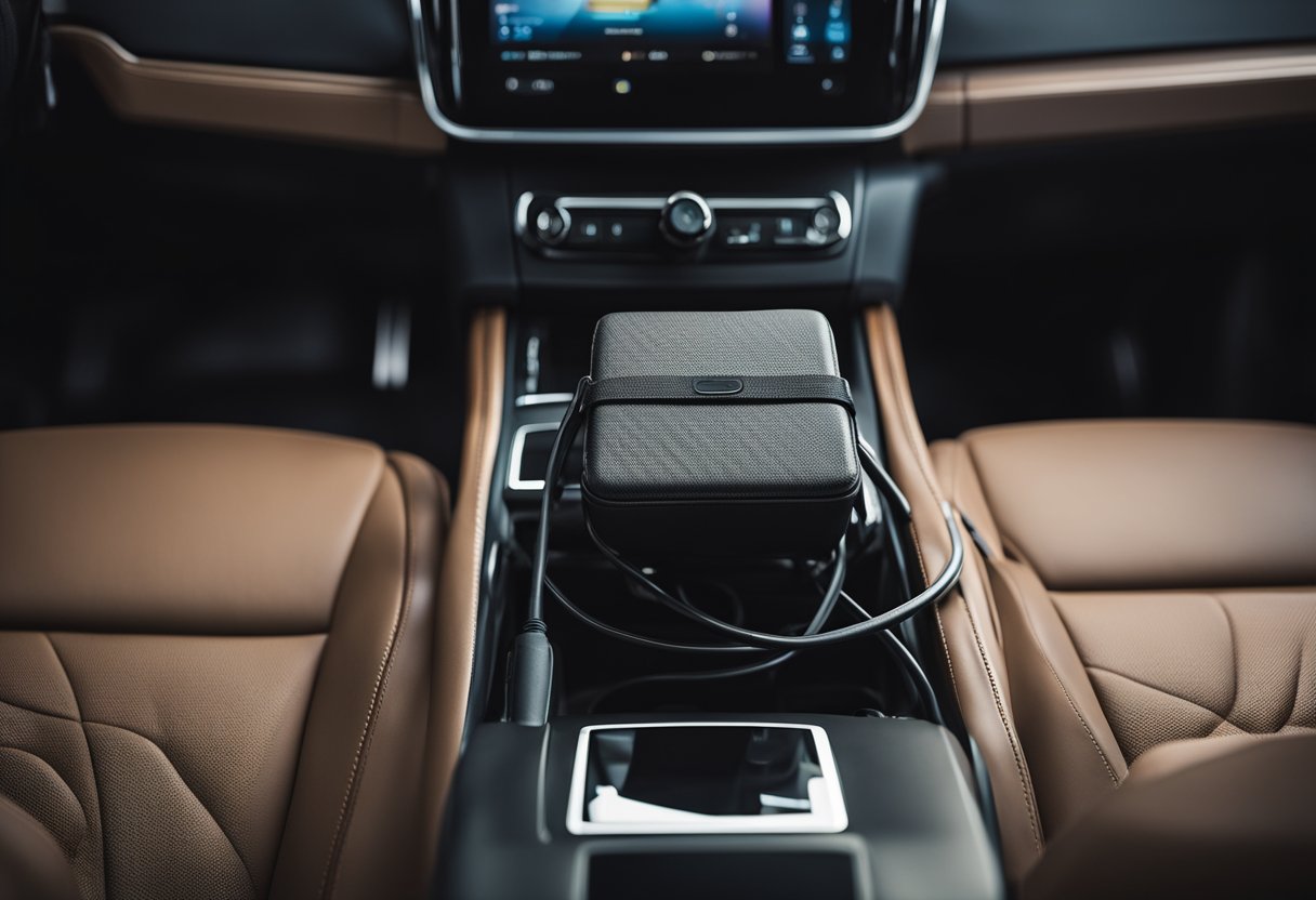 A small, discreet GPS tracker hidden under a car seat, with wires connected to the vehicle's power source