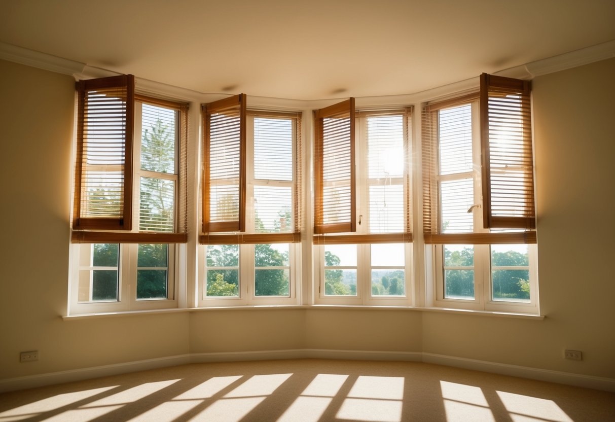 Sunlight streams through open blinds on large windows, casting diagonal patterns across a spacious room