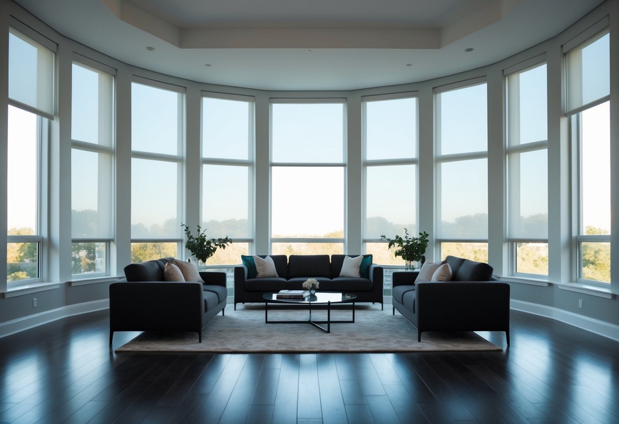 A spacious living room with tall, wide windows, adorned with sleek, modern blinds to control light and privacy