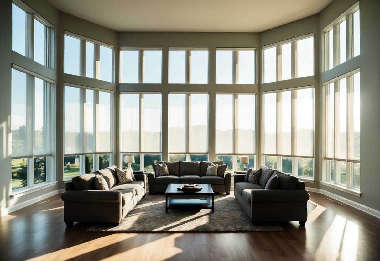 A spacious living room with tall, wide windows. Sunlight filters through the sheer blinds, casting a soft glow on the room's furnishings