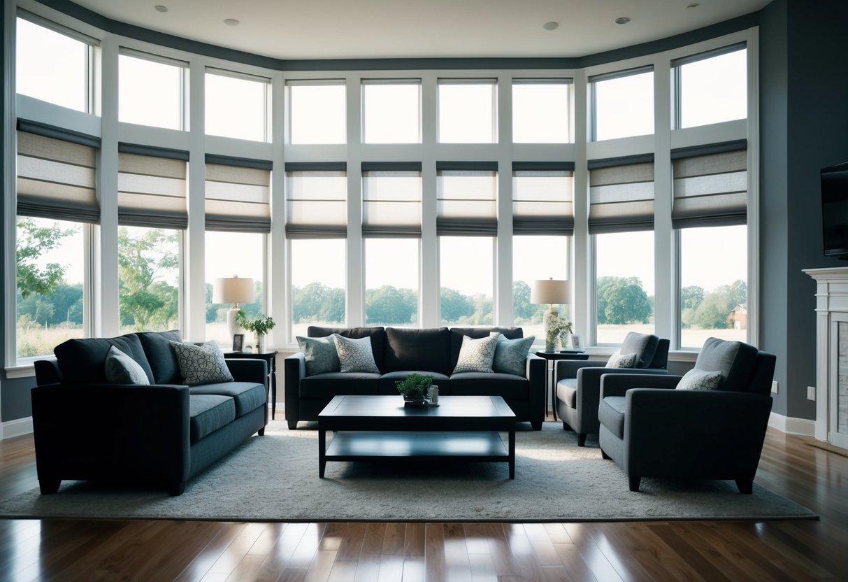 A spacious living room with floor-to-ceiling windows, adorned with various types of blinds and shades to control the natural light