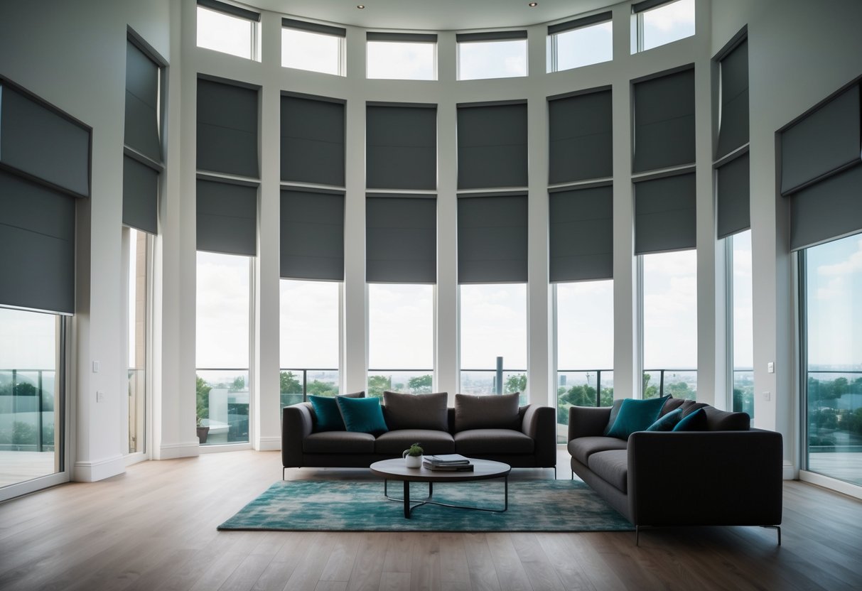 A spacious living room with tall, wide windows adorned with sleek, modern blinds for privacy and light control