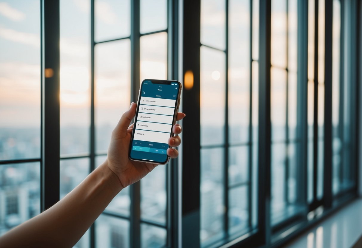 Large windows with motorized blinds controlled by a smart device