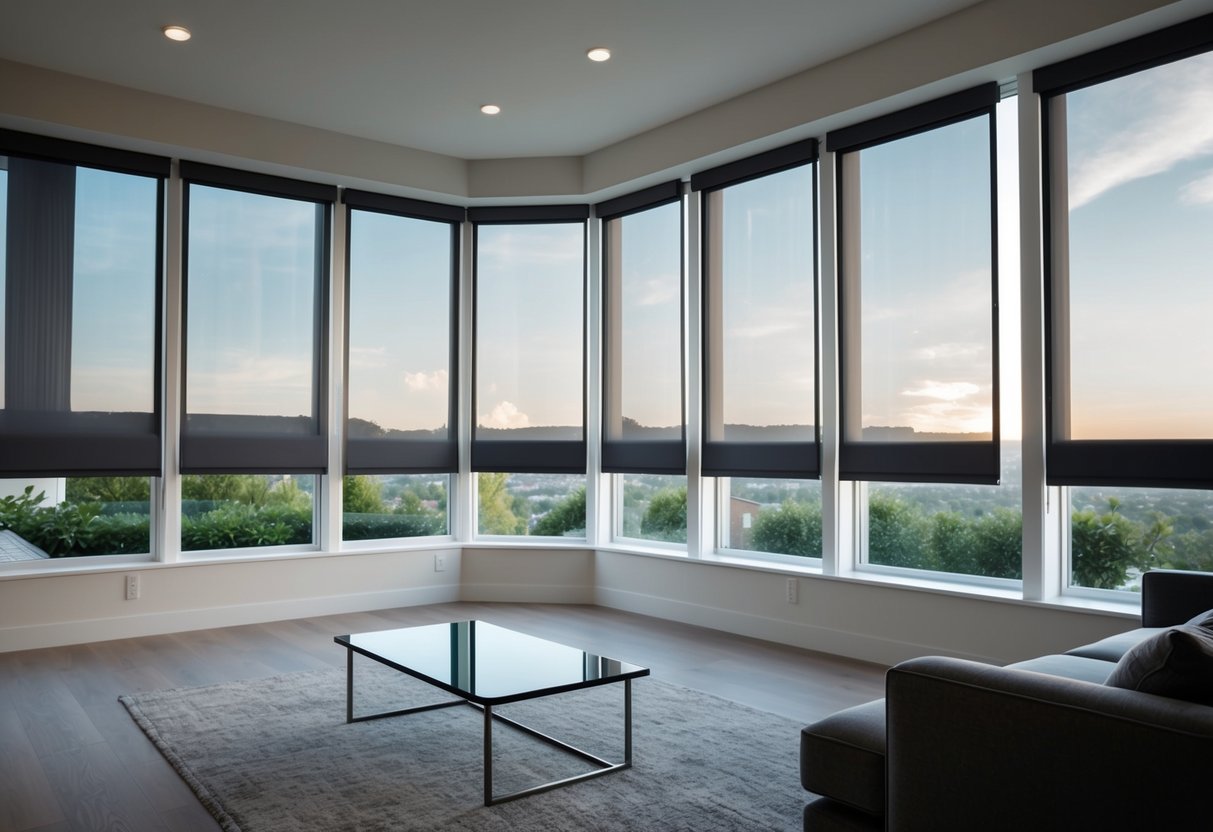 A spacious living room with floor-to-ceiling windows, featuring sleek and modern blinds tailored to fit the large windows