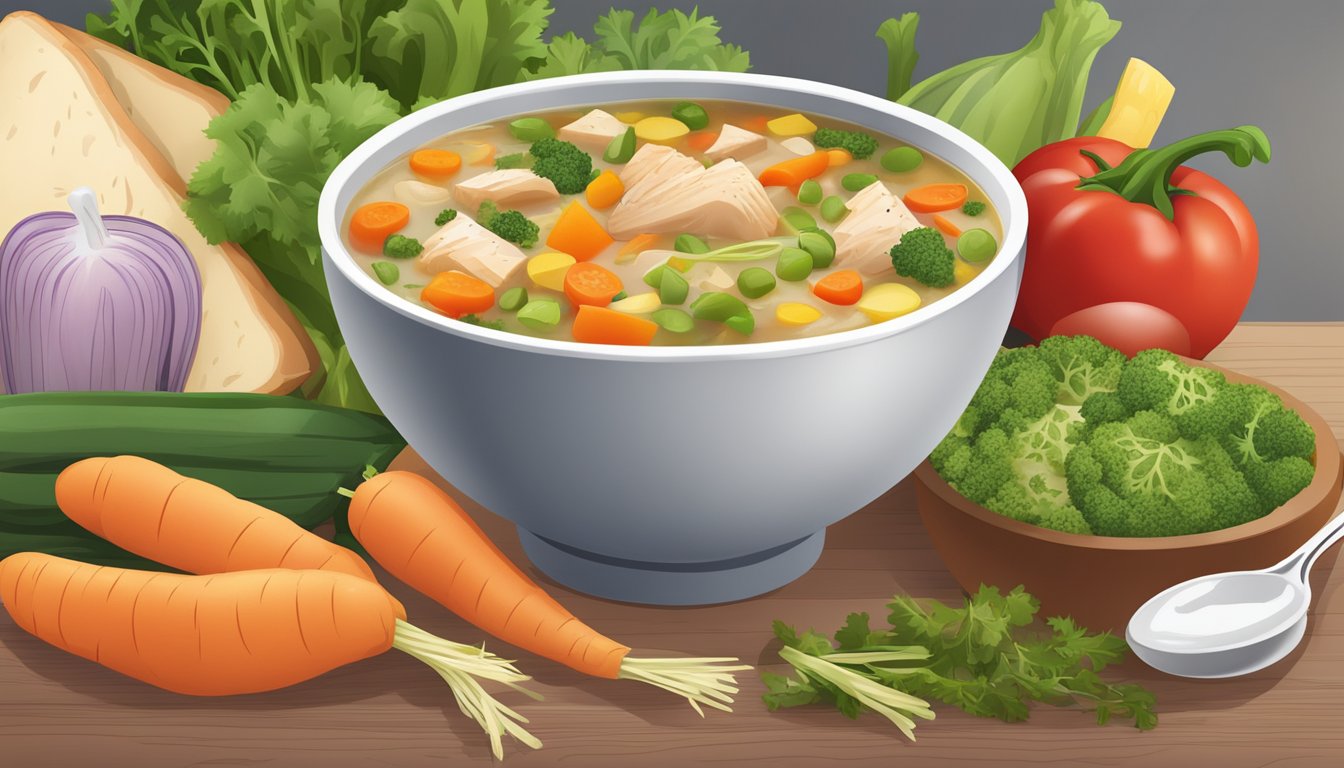 A bowl of hearty chicken and vegetable soup surrounded by diabetic meal plans