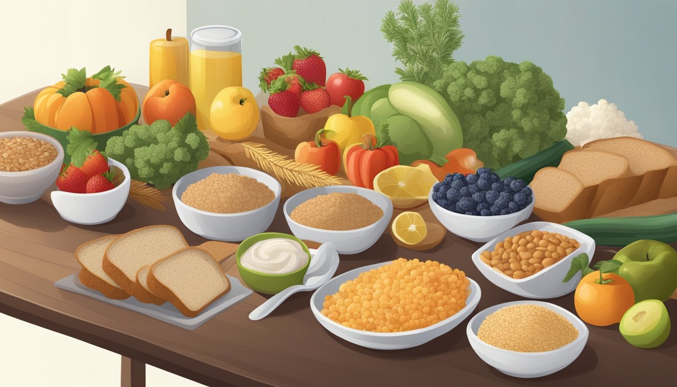 A table set with a variety of whole grain bread, fruits, and vegetables, with a focus on oral health and diabetes management