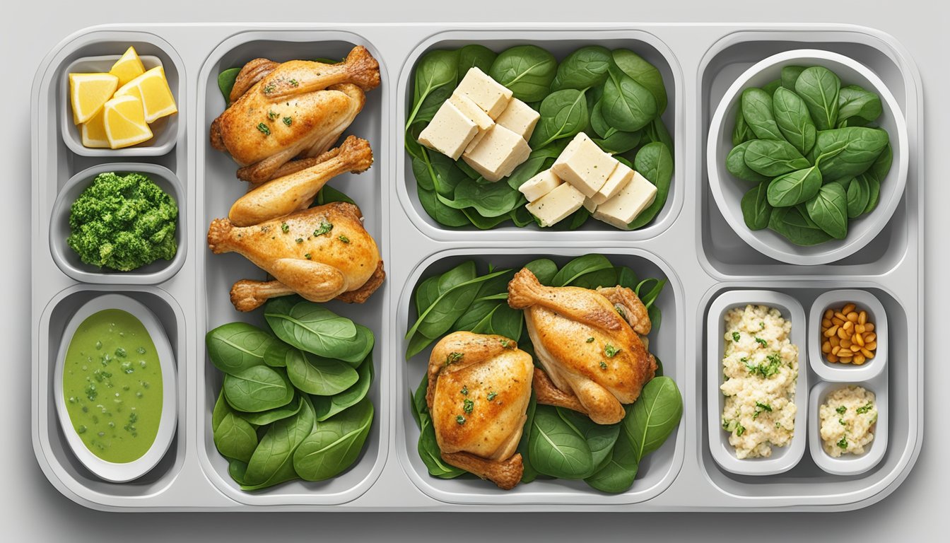 A platter of spinach and feta stuffed chicken surrounded by 12 meal plans for diabetics, emphasizing bone health