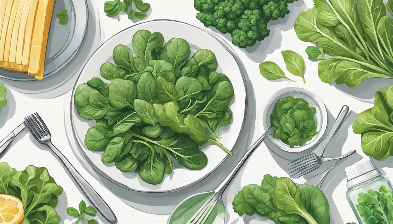 A colorful array of leafy greens, such as spinach, kale, and arugula, arranged on a clean, white plate, surrounded by dental hygiene items like a toothbrush and floss