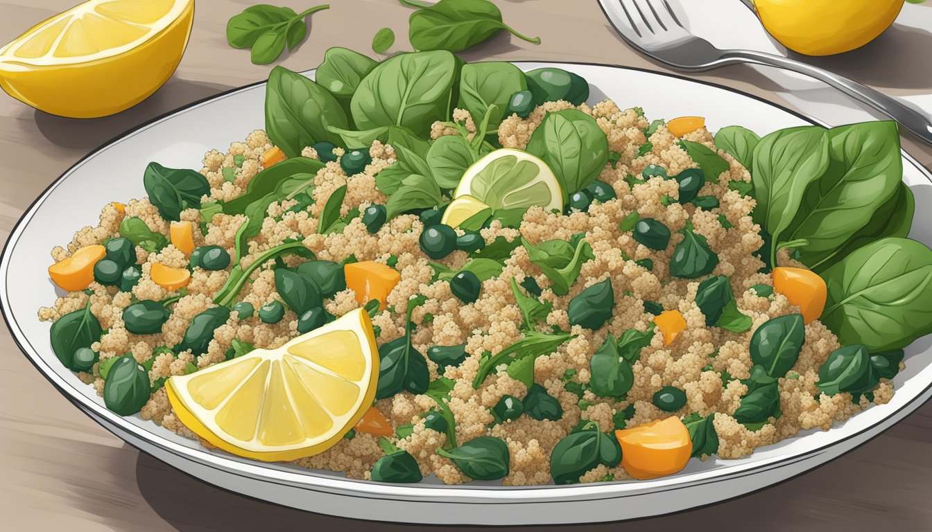 A bowl of quinoa and spinach salad with lemon dressing surrounded by 7 meal plans