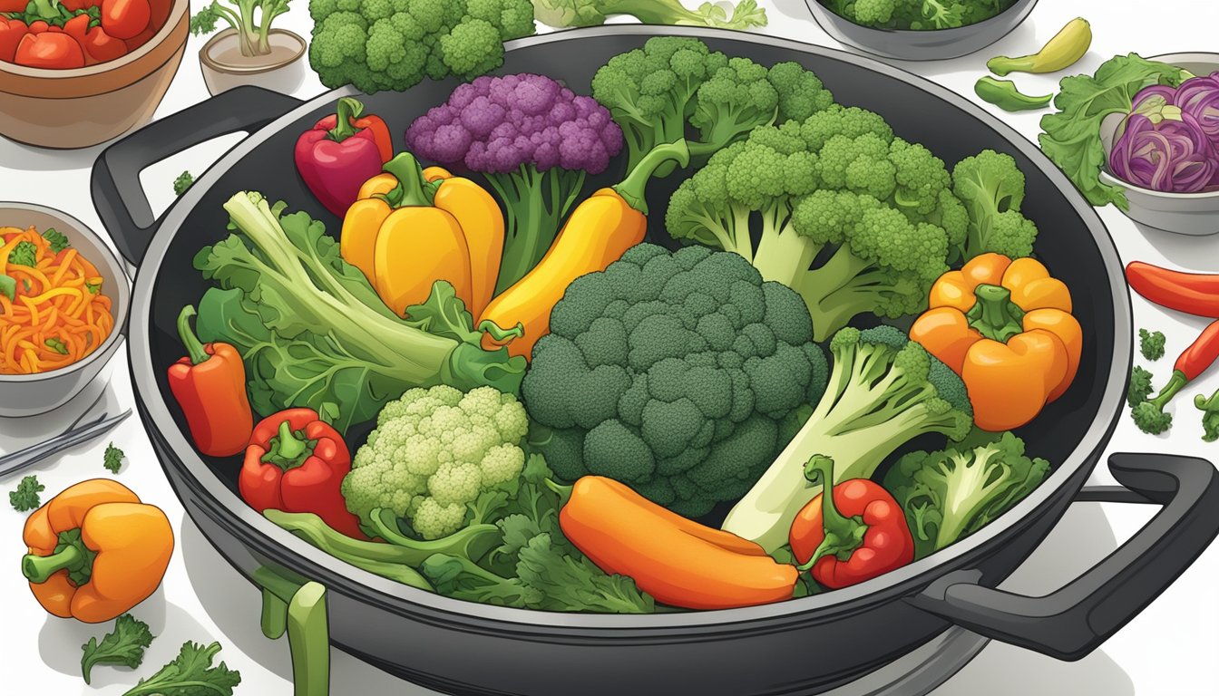 A colorful array of broccoli, bell peppers, and other low-carb vegetables sizzling in a wok, surrounded by a collection of meal plans for diabetics focused on bone health