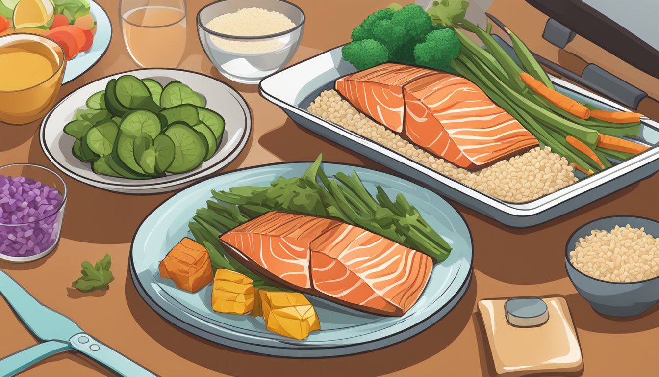 A plate of baked salmon surrounded by colorful vegetables and a side of brown rice, set on a table with a dental floss container and a blood glucose monitor