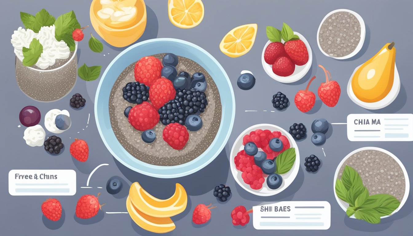 A bowl of chia seed pudding topped with fresh berries, surrounded by 12 meal plans for diabetics focused on bone health