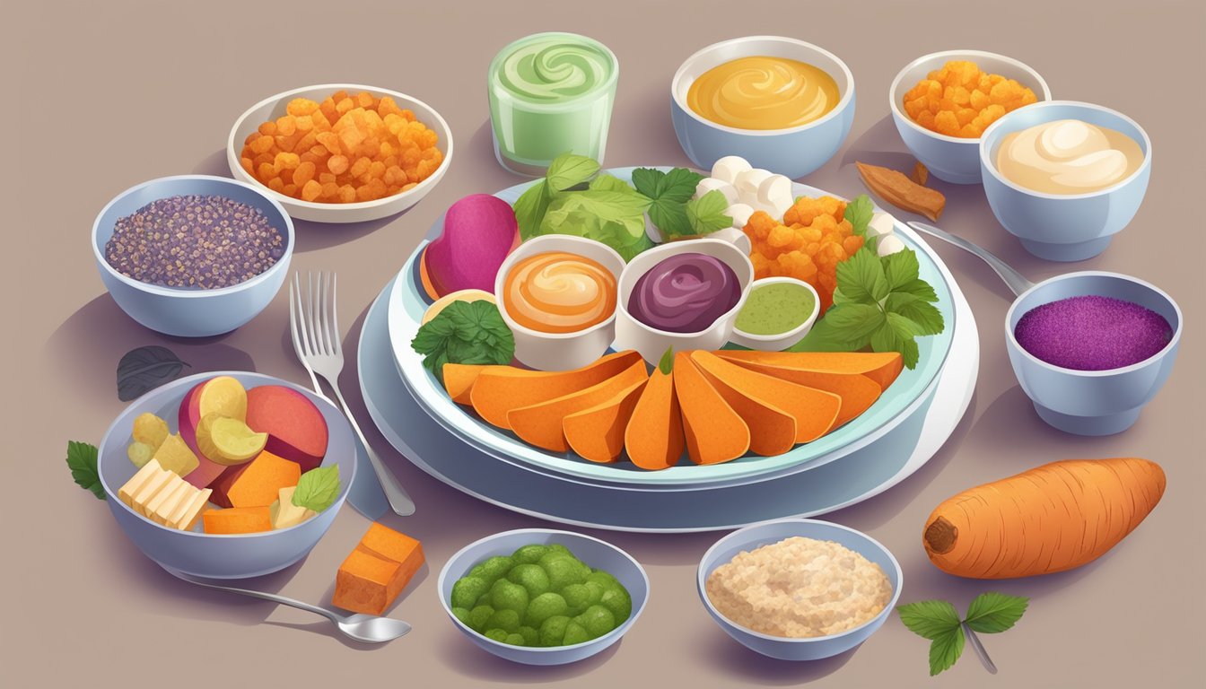 A colorful plate with a variety of sweet potato-based dishes, surrounded by dental care products and diabetic-friendly meal ingredients