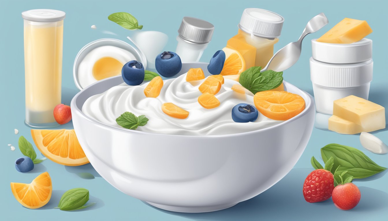 A bowl of Greek yogurt surrounded by dental hygiene products and diabetic-friendly food items