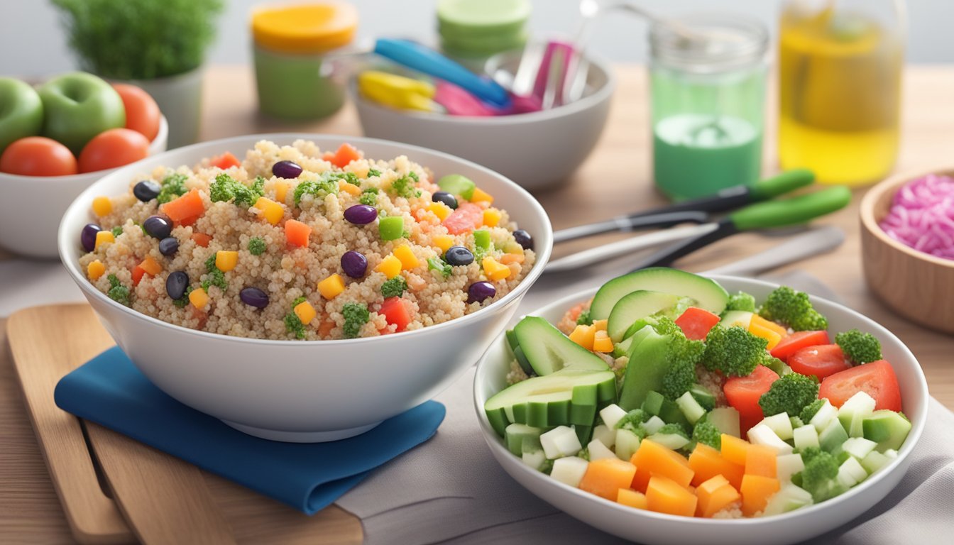 A colorful quinoa salad surrounded by dental hygiene items like toothbrushes and floss, with a diabetic meal plan book in the background