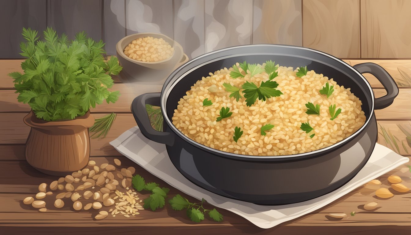 A steaming pot of brown rice and chickpea pilaf surrounded by fresh herbs and spices on a rustic wooden table