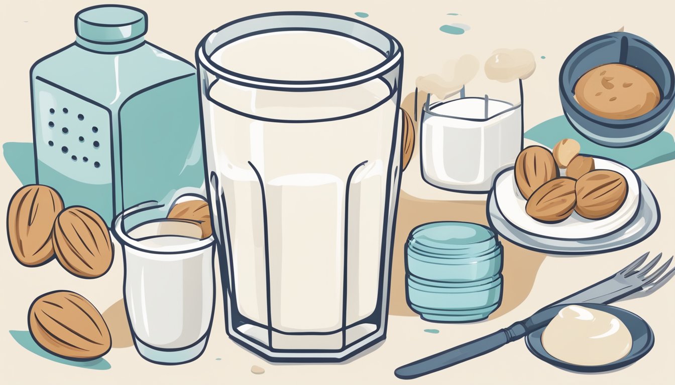 A glass of almond milk surrounded by dental hygiene products and diabetic-friendly meal plans