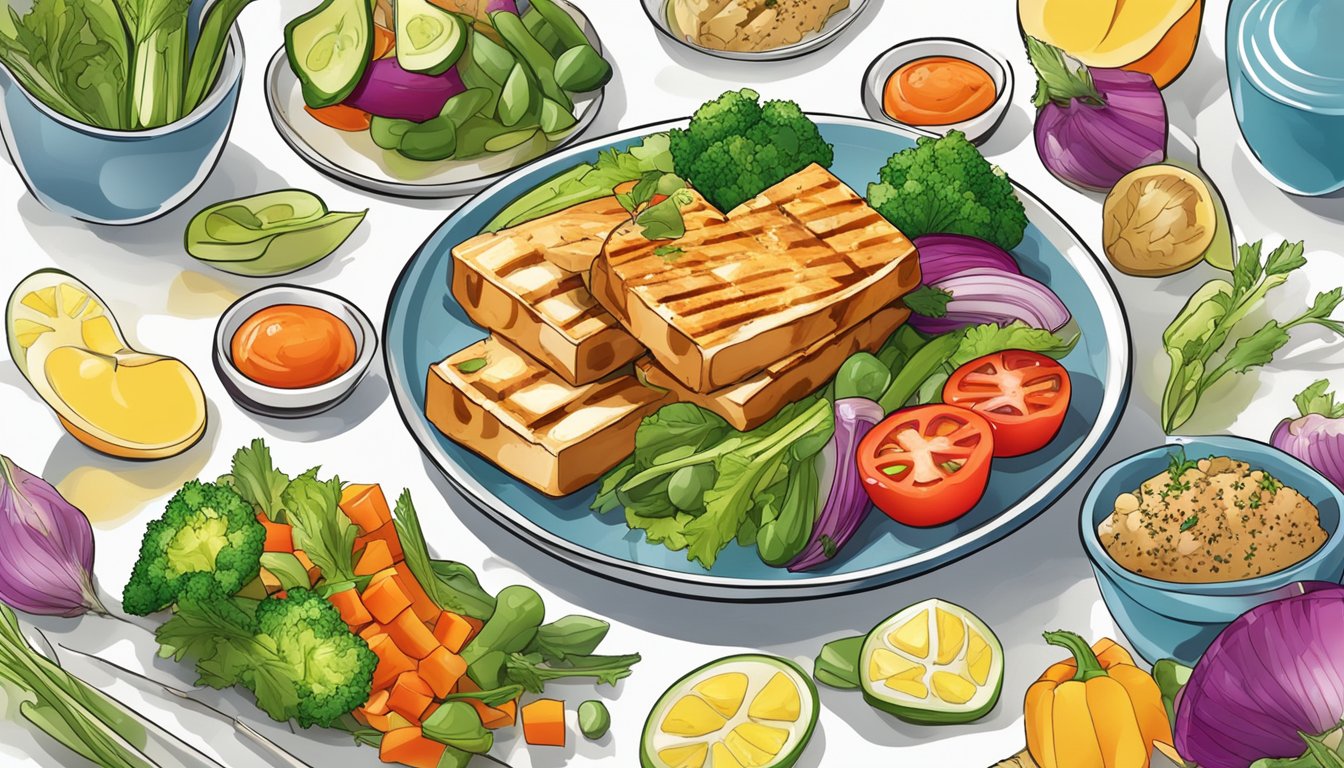 A plate of grilled tofu surrounded by a colorful array of mixed vegetables, arranged in an appealing and appetizing manner