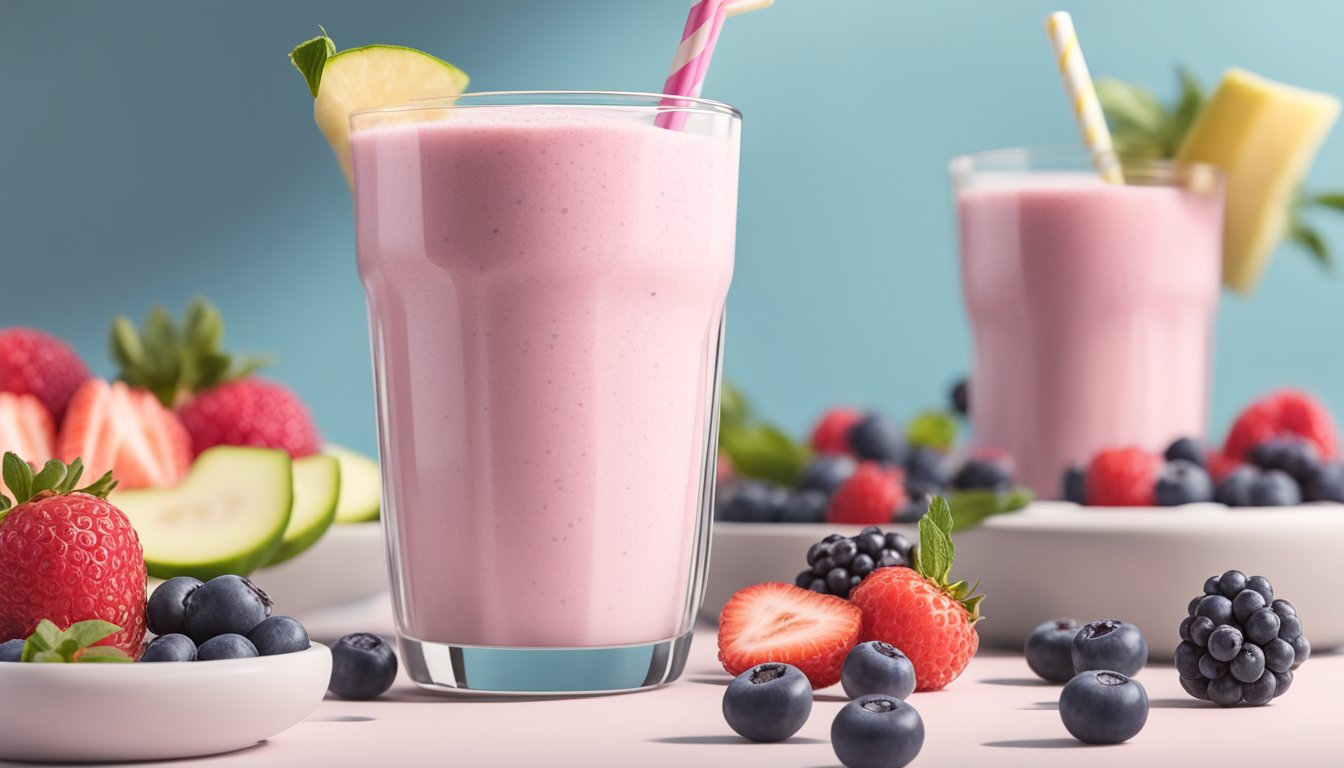 A tall glass filled with a creamy pink berry smoothie topped with a dollop of Greek yogurt, surrounded by a collection of 12 meal plans focused on bone health for diabetics