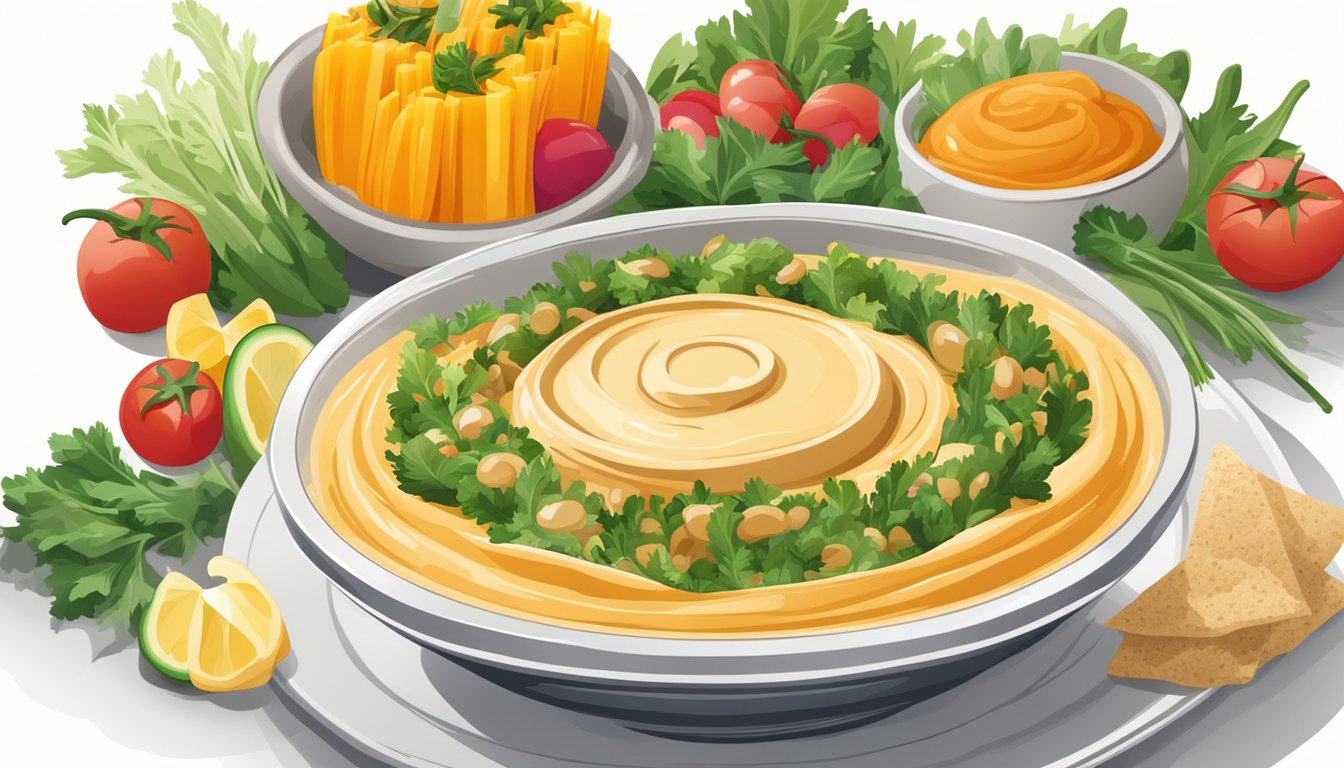 A bowl of hummus surrounded by colorful fresh vegetables on a clean, white plate