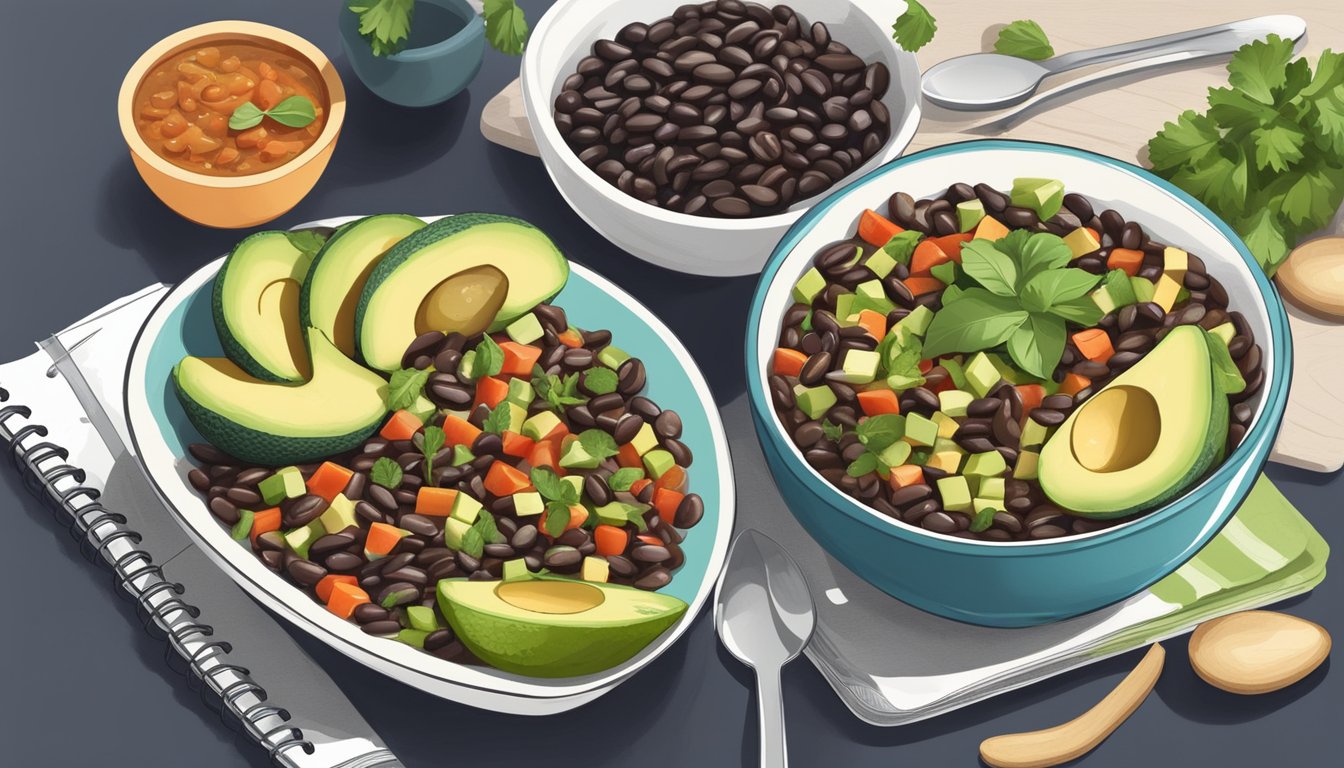 A vibrant bowl of avocado and black bean salsa surrounded by 12 meal plans for diabetics, emphasizing bone health