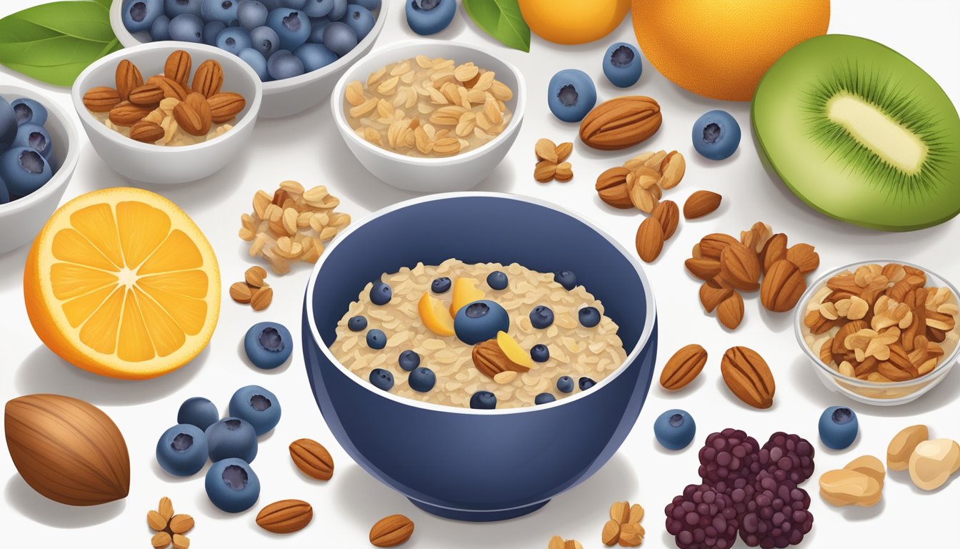 A bowl of blueberry walnut oatmeal surrounded by a variety of colorful fruits and nuts, set on a table with a list of 8 cognitive function meal plans for diabetics