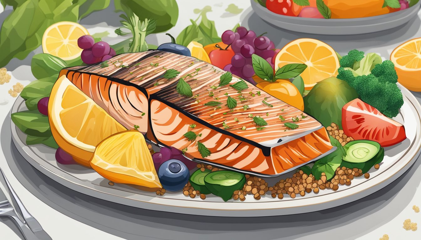 A plate of grilled salmon with quinoa, surrounded by colorful fruits and vegetables, arranged in an organized and appealing manner