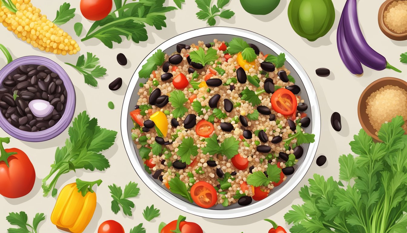 A colorful bowl of quinoa and black bean salad surrounded by fresh vegetables and herbs