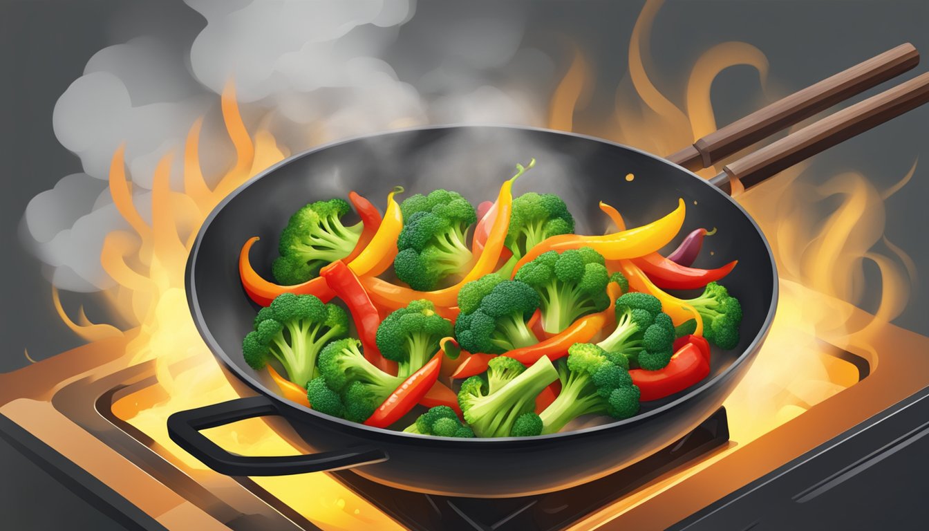 A sizzling stir-fry of vibrant broccoli and bell peppers cooking in a wok, emitting a tantalizing aroma