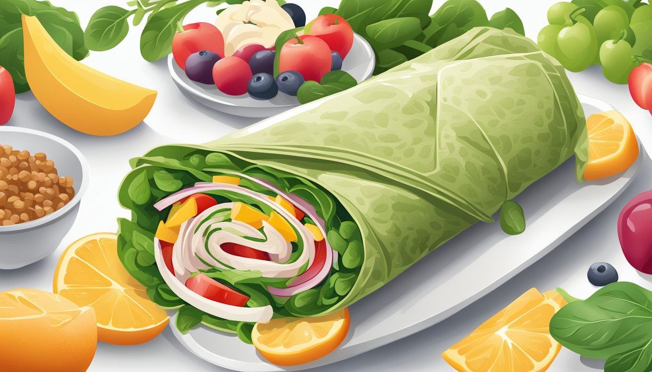 A colorful turkey and spinach wrap surrounded by fresh vegetables and fruits on a clean, white plate