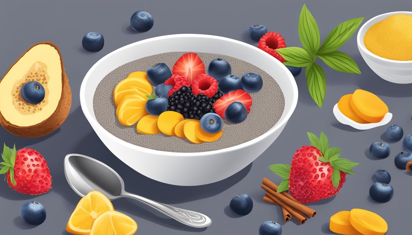 A bowl of chia seed pudding topped with fresh berries, surrounded by ingredients like cinnamon, turmeric, and ginger