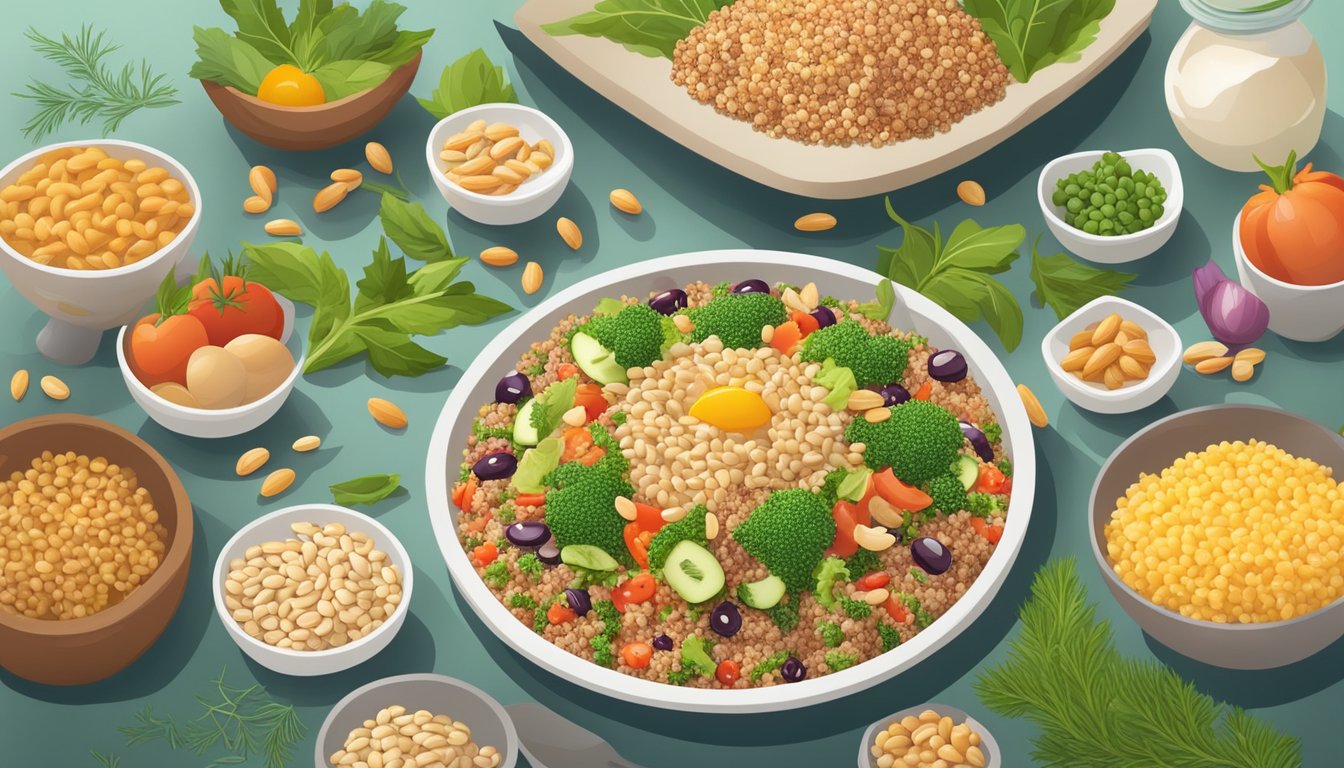 A colorful quinoa salad with pine nuts arranged on a plate surrounded by a variety of vision-supporting diabetic-friendly ingredients