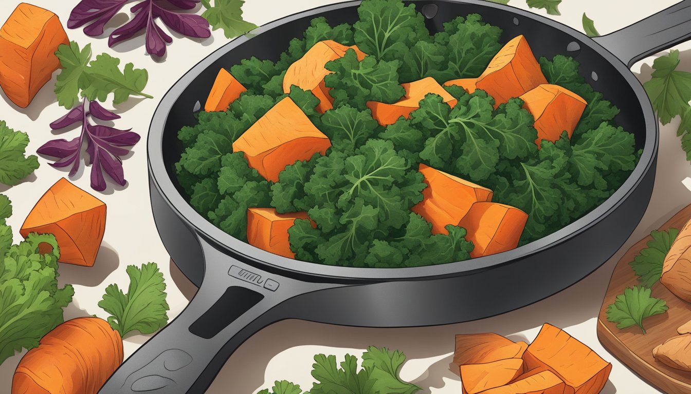 A colorful pile of diced kale and sweet potatoes sizzling in a skillet, surrounded by fresh herbs and spices