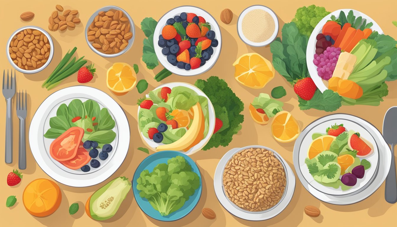 A table set with colorful, balanced meals: vegetables, lean proteins, and whole grains. A variety of fruits and nuts are also included, showcasing a balanced and nutritious meal plan for diabetics to support cognitive function