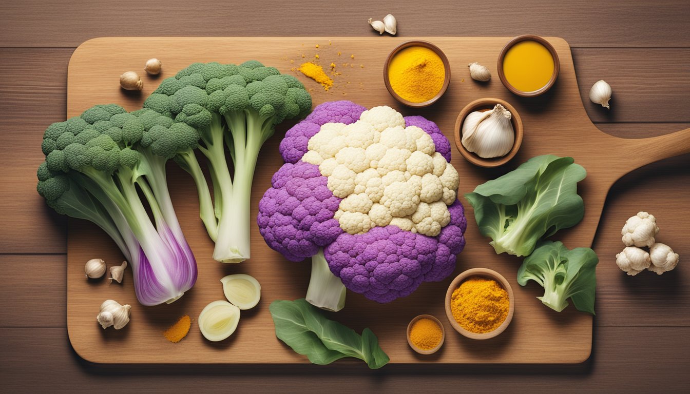 A vibrant cauliflower head surrounded by turmeric roots, garlic cloves, and other anti-inflammatory ingredients on a wooden cutting board