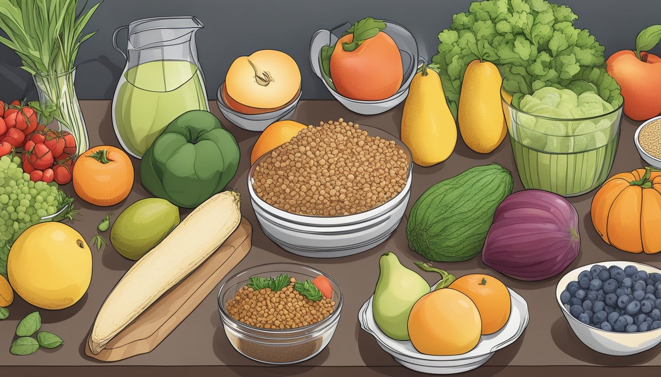 A kitchen counter with a variety of fresh fruits, vegetables, whole grains, and lean proteins laid out for meal planning