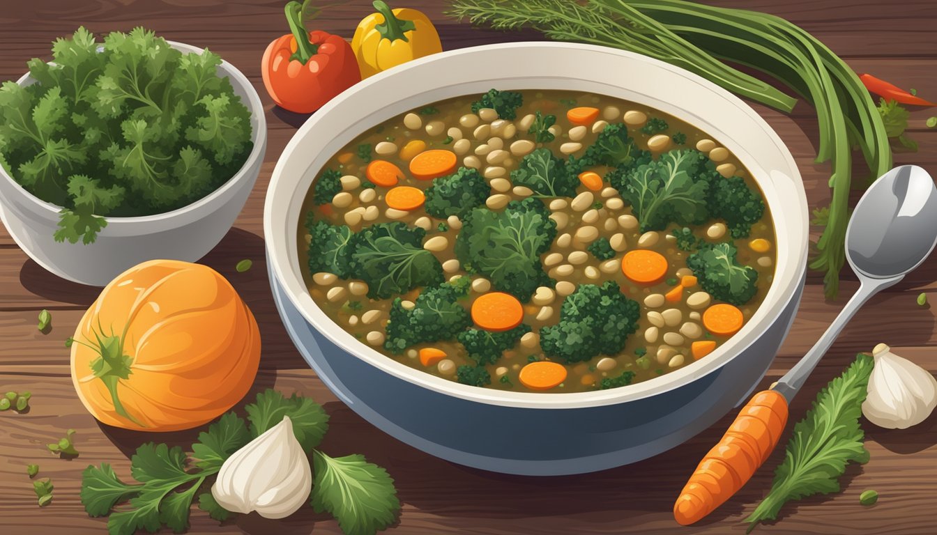 A steaming bowl of lentil and kale soup surrounded by colorful vegetables and herbs, set on a rustic wooden table